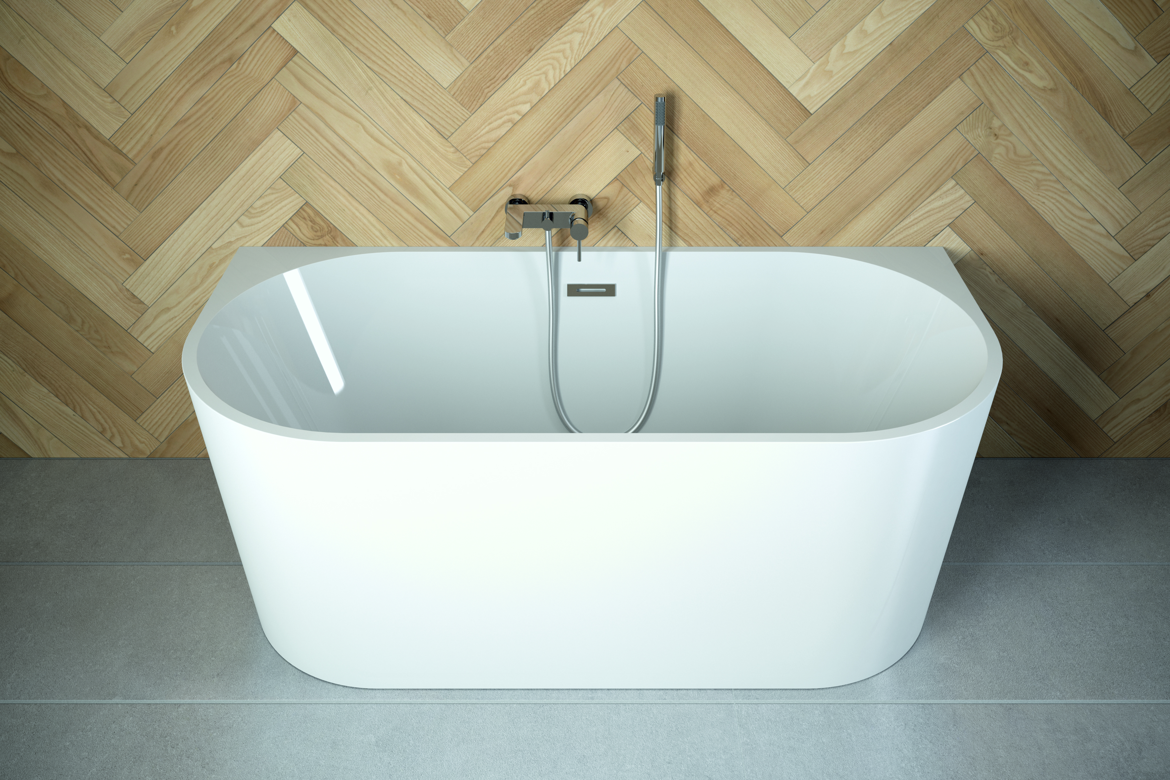 Free-standing bathtub with built-in apron & valve for mounting o